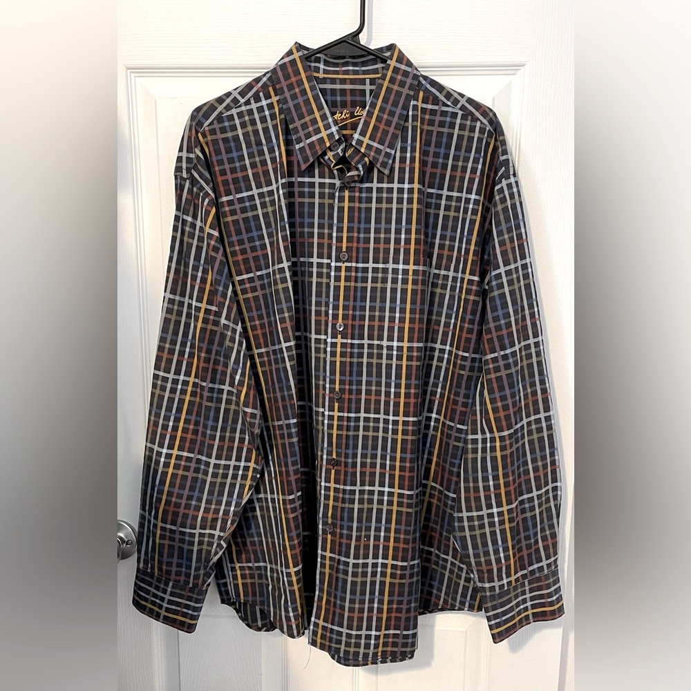 BUGATCHI UOMO Navy Blue Plaid Pocket Dress Shirt Men’s Size XL